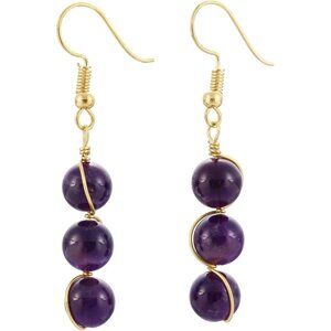 Purple Wire Wrapped Triple Ball Beaded Dangle Trendy Hook Earrings for Ladies